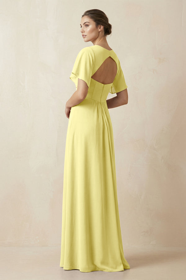 Short Sleeve V-Neck Chiffon A-Line Bridesmaid Dress in Buttercup - KissProm BRIDESMAID DRESSES