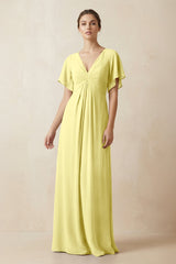 Short Sleeve V-Neck Chiffon A-Line Bridesmaid Dress in Buttercup - KissProm BRIDESMAID DRESSES
