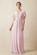 Short Sleeve V-Neck Chiffon A-Line Bridesmaid Dress in Candy Pink - KissProm BRIDESMAID DRESSES