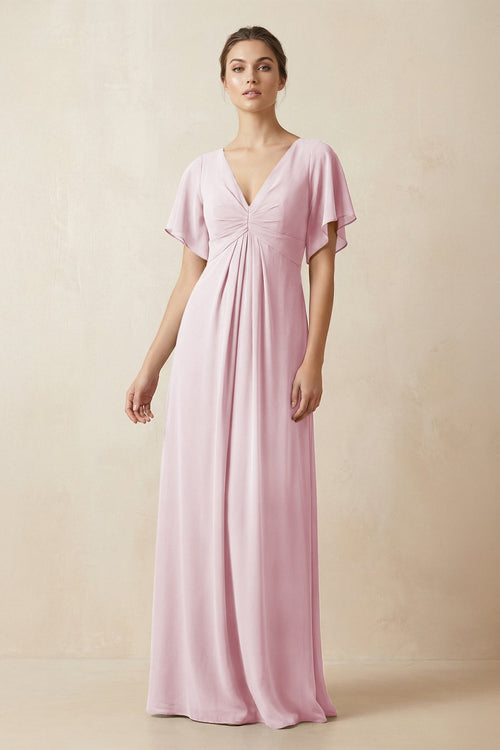 Short Sleeve V-Neck Chiffon A-Line Bridesmaid Dress in Candy Pink - KissProm BRIDESMAID DRESSES