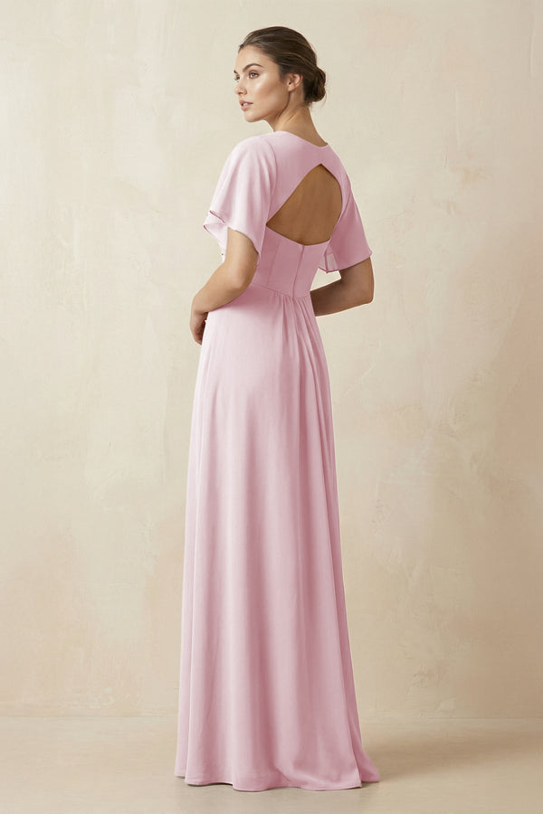 Short Sleeve V-Neck Chiffon A-Line Bridesmaid Dress in Candy Pink - KissProm BRIDESMAID DRESSES