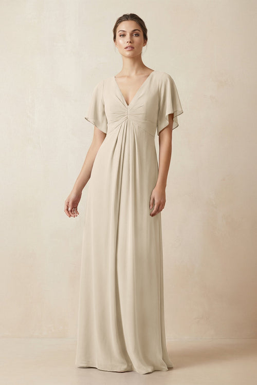 Short Sleeve V-Neck Chiffon A-Line Bridesmaid Dress in Champagne - KissProm BRIDESMAID DRESSES