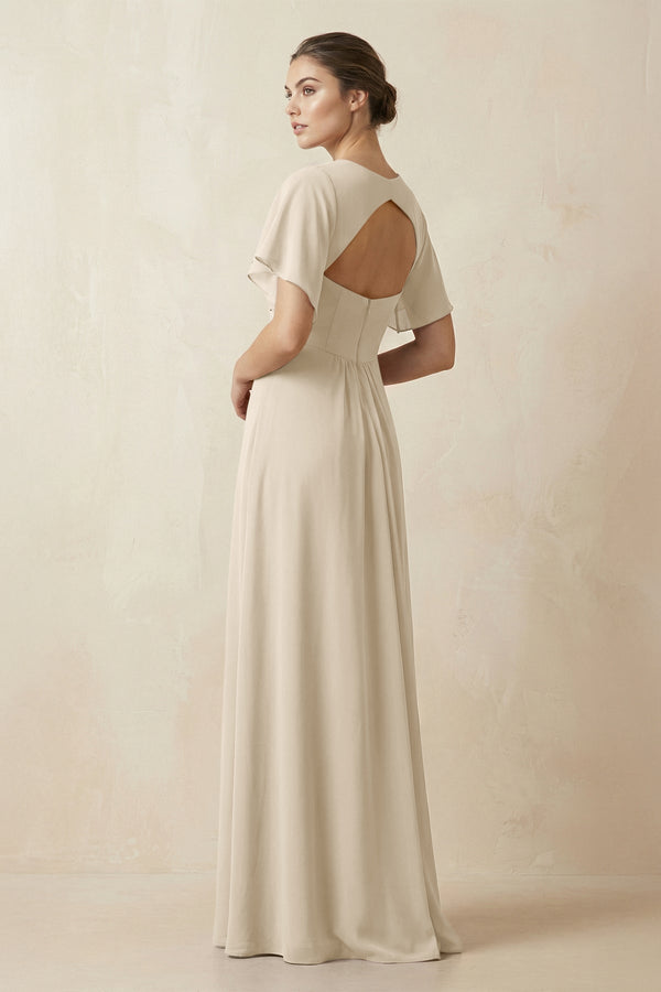 Short Sleeve V-Neck Chiffon A-Line Bridesmaid Dress in Champagne - KissProm BRIDESMAID DRESSES