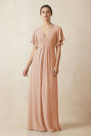 Short Sleeve V-Neck Chiffon A-Line Bridesmaid Dress in Champagne Rose - KissProm BRIDESMAID DRESSES