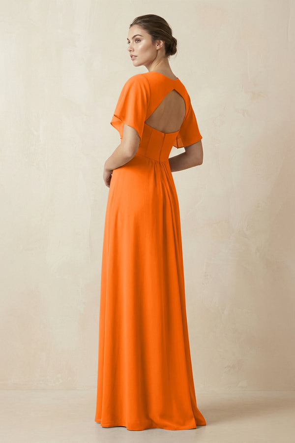 Short Sleeve V-Neck Chiffon A-Line Bridesmaid Dress in Cinnamon - KissProm BRIDESMAID DRESSES
