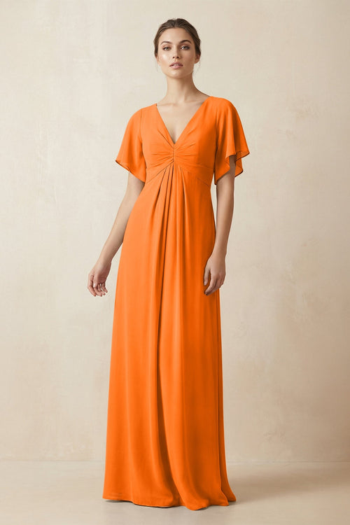 Short Sleeve V-Neck Chiffon A-Line Bridesmaid Dress in Cinnamon - KissProm BRIDESMAID DRESSES