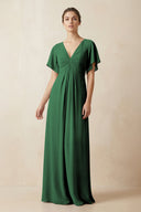 Short Sleeve V-Neck Chiffon A-Line Bridesmaid Dress in Dark Green - KissProm BRIDESMAID DRESSES