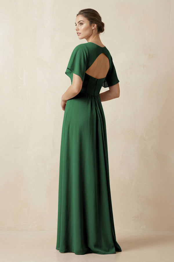 Short Sleeve V-Neck Chiffon A-Line Bridesmaid Dress in Dark Green - KissProm BRIDESMAID DRESSES