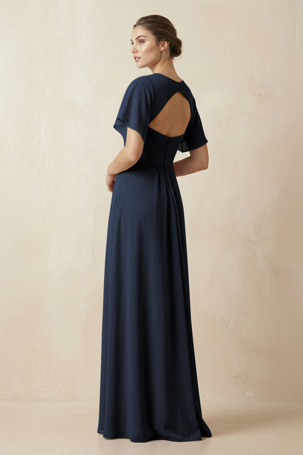 Short Sleeve V-Neck Chiffon A-Line Bridesmaid Dress in Dark Navy - KissProm BRIDESMAID DRESSES
