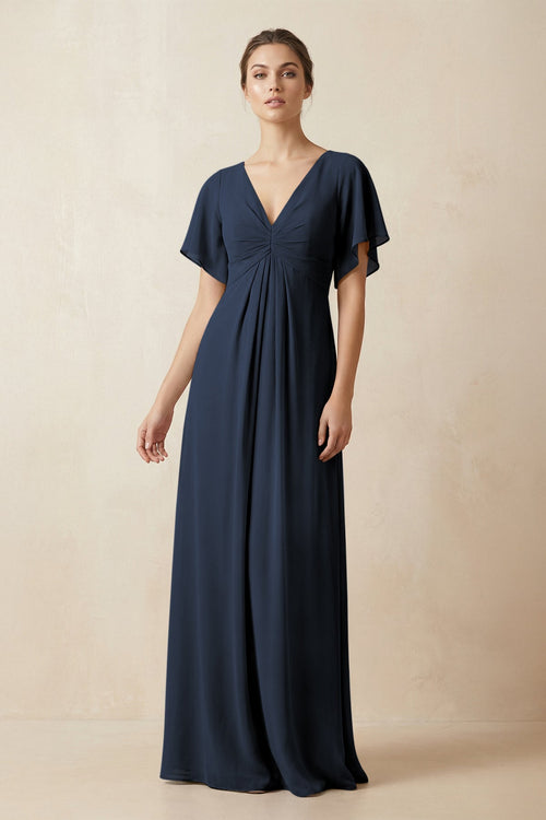 Short Sleeve V-Neck Chiffon A-Line Bridesmaid Dress in Dark Navy - KissProm BRIDESMAID DRESSES