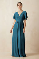 Short Sleeve V-Neck Chiffon A-Line Bridesmaid Dress in Dark Teal - KissProm BRIDESMAID DRESSES
