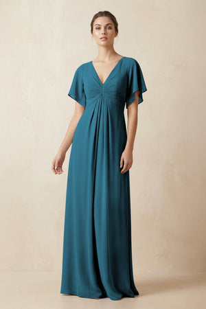 Short Sleeve V-Neck Chiffon A-Line Bridesmaid Dress in Dark Teal - KissProm BRIDESMAID DRESSES