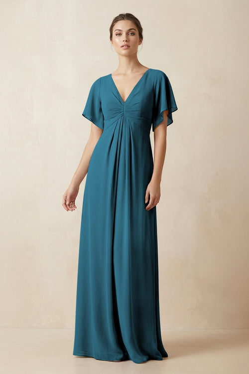 Short Sleeve V-Neck Chiffon A-Line Bridesmaid Dress in Dark Teal - KissProm BRIDESMAID DRESSES