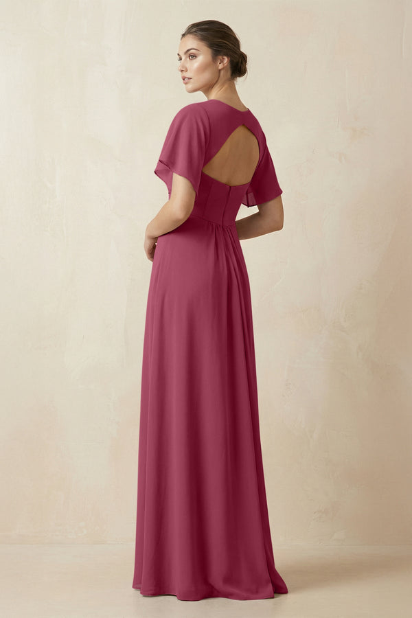 Short Sleeve V-Neck Chiffon A-Line Bridesmaid Dress in Desert Rose - KissProm BRIDESMAID DRESSES
