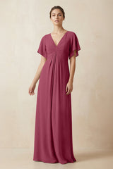 Short Sleeve V-Neck Chiffon A-Line Bridesmaid Dress in Desert Rose - KissProm BRIDESMAID DRESSES