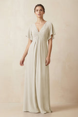 Short Sleeve V-Neck Chiffon A-Line Bridesmaid Dress in Dove Gray - KissProm BRIDESMAID DRESSES