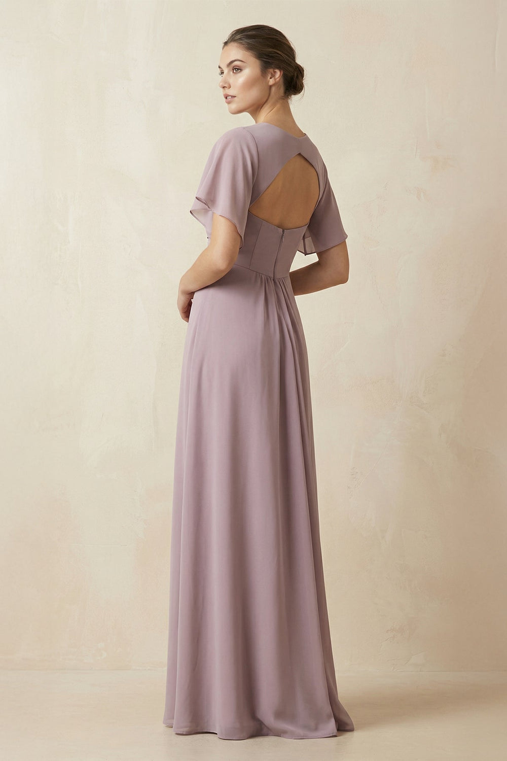 Short Sleeve V - Neck Chiffon A - Line Bridesmaid Dress in Dusk - KissProm Bridesmaid Dresses