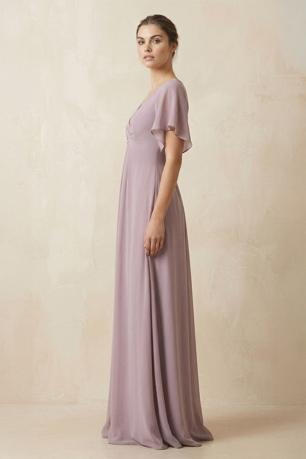 Short Sleeve V - Neck Chiffon A - Line Bridesmaid Dress in Dusk - KissProm Bridesmaid Dresses