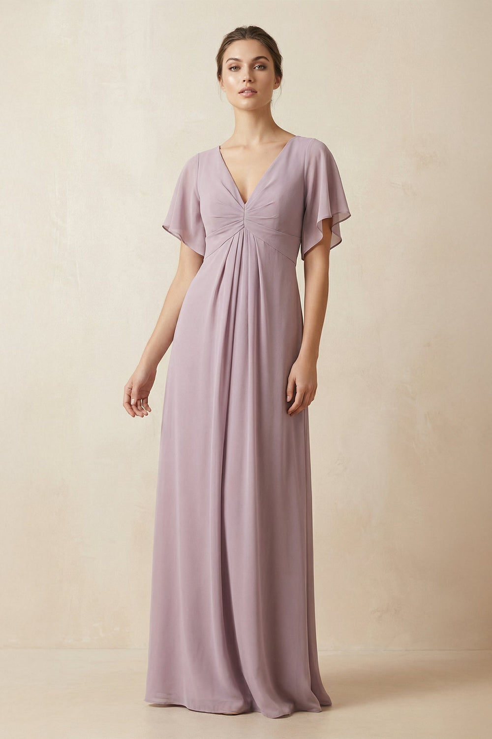 Short Sleeve V - Neck Chiffon A - Line Bridesmaid Dress in Dusk - KissProm Bridesmaid Dresses
