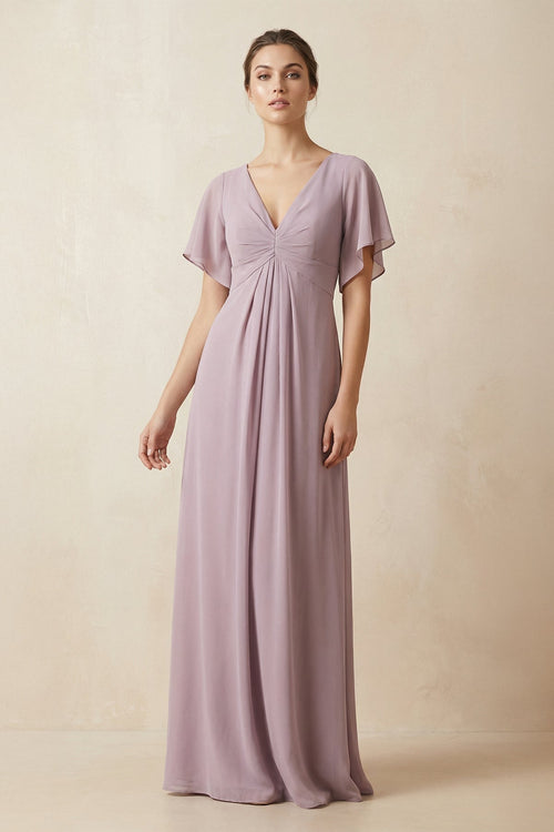 Short Sleeve V - Neck Chiffon A - Line Bridesmaid Dress in Dusk - KissProm Bridesmaid Dresses
