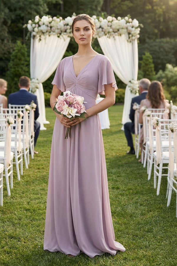 KissProm | V-Neck Short Sleeve A-Line Chiffon Bridesmaid Dress in Dusk KissProm | V-Neck Short Sleeve A-Line Chiffon Bridesmaid Dress in Dusk