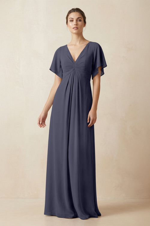 Short Sleeve V-Neck Chiffon A-Line Bridesmaid Dress in Dusk Blue - KissProm BRIDESMAID DRESSES