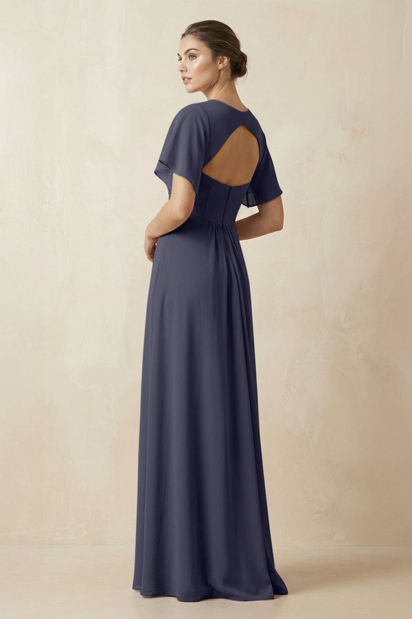 Short Sleeve V-Neck Chiffon A-Line Bridesmaid Dress in Dusk Blue - KissProm BRIDESMAID DRESSES