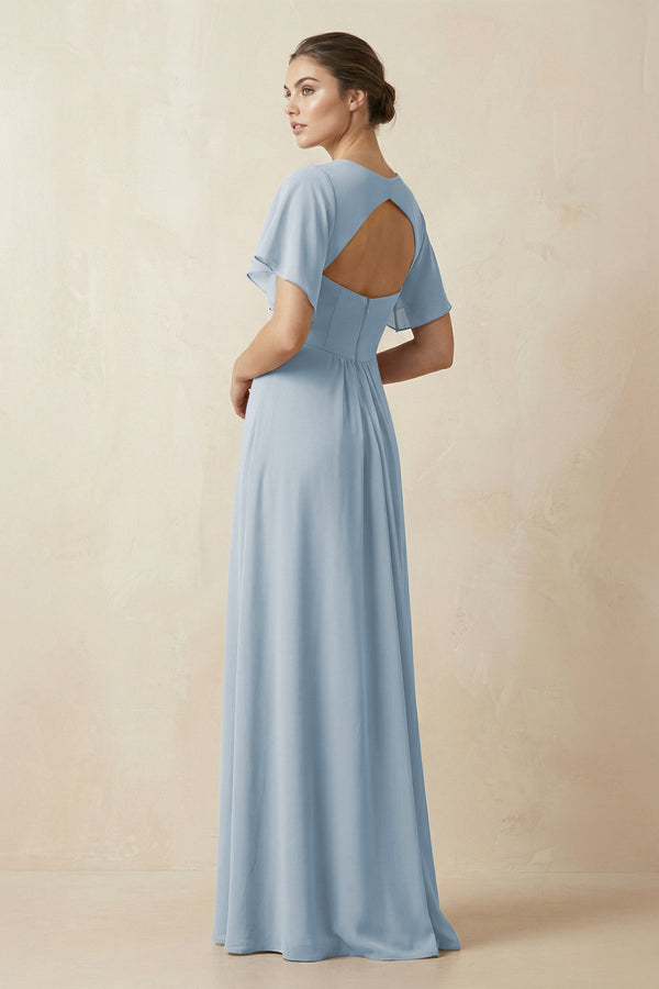 Short Sleeve V-Neck Chiffon A-Line Bridesmaid Dress in Dusty Blue - KissProm BRIDESMAID DRESSES