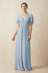 Short Sleeve V-Neck Chiffon A-Line Bridesmaid Dress in Dusty Blue - KissProm BRIDESMAID DRESSES