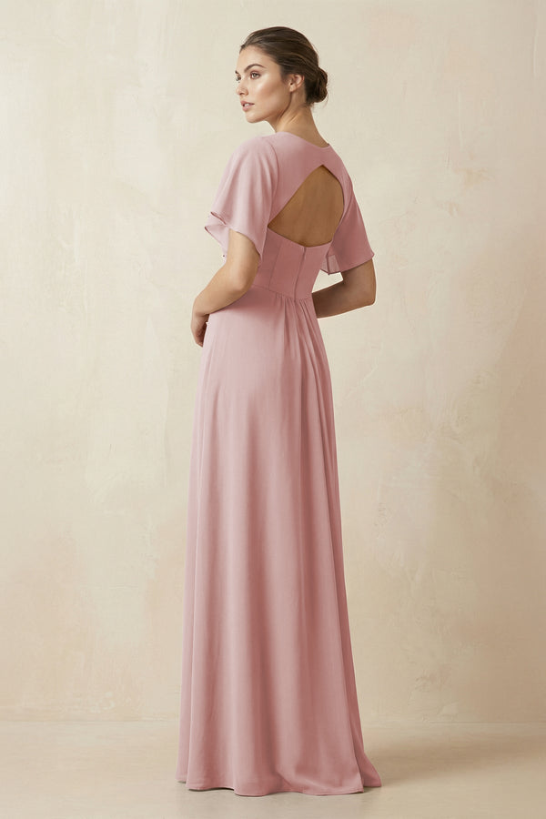 Short Sleeve V-Neck Chiffon A-Line Bridesmaid Dress in Dusty Rose - KissProm BRIDESMAID DRESSES