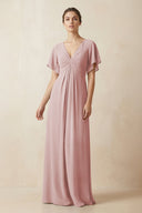 Short Sleeve V-Neck Chiffon A-Line Bridesmaid Dress in Dusty Rose - KissProm BRIDESMAID DRESSES