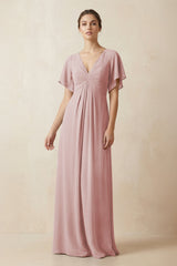 Short Sleeve V-Neck Chiffon A-Line Bridesmaid Dress in Dusty Rose - KissProm BRIDESMAID DRESSES