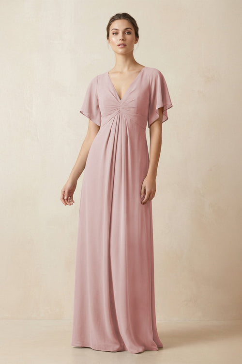 Short Sleeve V-Neck Chiffon A-Line Bridesmaid Dress in Dusty Rose - KissProm BRIDESMAID DRESSES