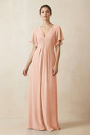 Short Sleeve V-Neck Chiffon A-Line Bridesmaid Dress in English Rose - KissProm BRIDESMAID DRESSES
