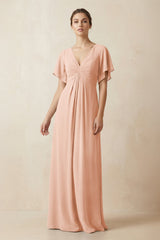 Short Sleeve V-Neck Chiffon A-Line Bridesmaid Dress in English Rose - KissProm BRIDESMAID DRESSES