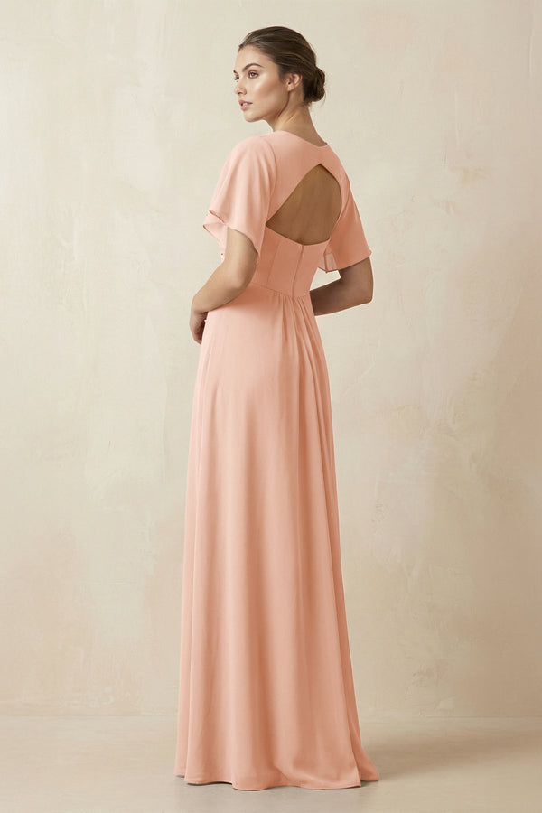 Short Sleeve V-Neck Chiffon A-Line Bridesmaid Dress in English Rose - KissProm BRIDESMAID DRESSES