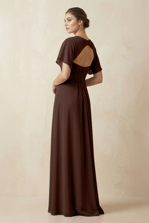 Short Sleeve V-Neck Chiffon A-Line Bridesmaid Dress in Espresso - KissProm BRIDESMAID DRESSES