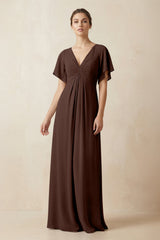 Short Sleeve V-Neck Chiffon A-Line Bridesmaid Dress in Espresso - KissProm BRIDESMAID DRESSES