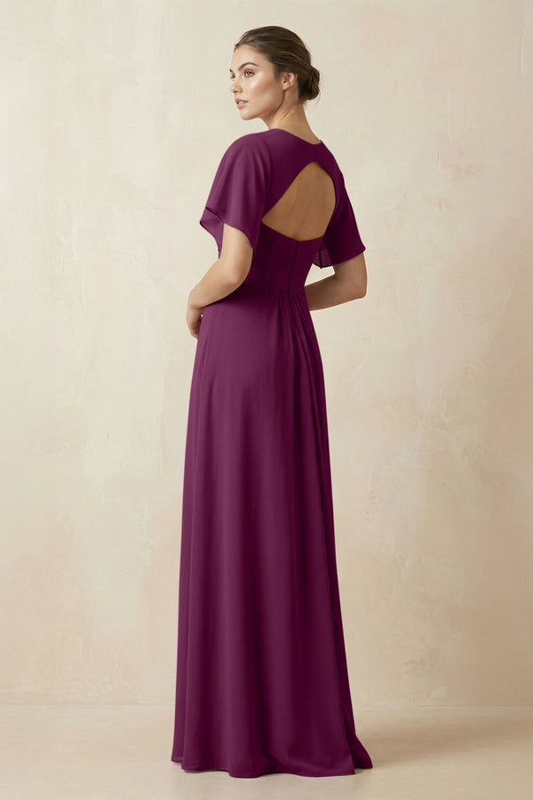 Short Sleeve V-Neck Chiffon A-Line Bridesmaid Dress in Fig - KissProm BRIDESMAID DRESSES