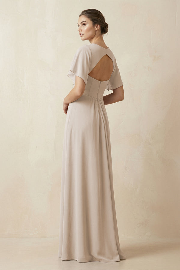 Short Sleeve V-Neck Chiffon A-Line Bridesmaid Dress in Frost - KissProm BRIDESMAID DRESSES