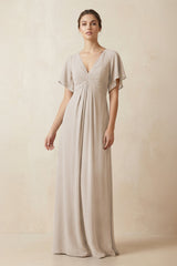 Short Sleeve V-Neck Chiffon A-Line Bridesmaid Dress in Frost - KissProm BRIDESMAID DRESSES