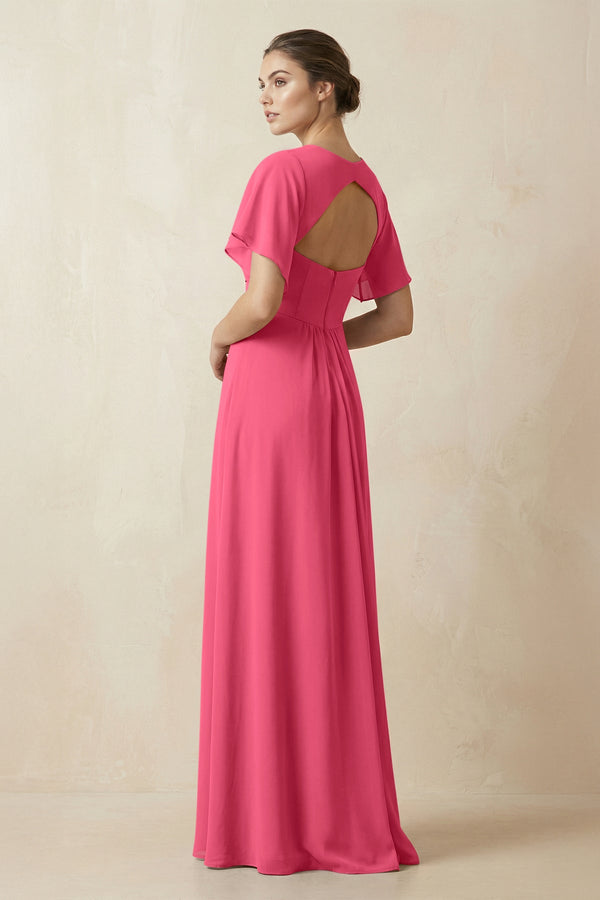 Short Sleeve V-Neck Chiffon A-Line Bridesmaid Dress in Fuchsia - KissProm BRIDESMAID DRESSES