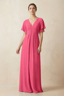 Short Sleeve V-Neck Chiffon A-Line Bridesmaid Dress in Fuchsia - KissProm BRIDESMAID DRESSES