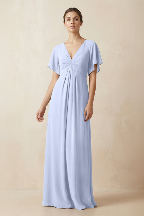 Short Sleeve V-Neck Chiffon A-Line Bridesmaid Dress in Ice - KissProm BRIDESMAID DRESSES