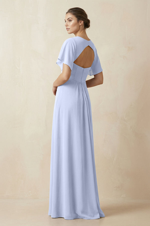 Short Sleeve V-Neck Chiffon A-Line Bridesmaid Dress in Ice - KissProm BRIDESMAID DRESSES