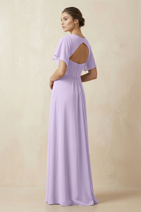 Short Sleeve V-Neck Chiffon A-Line Bridesmaid Dress in Lavender - KissProm BRIDESMAID DRESSES