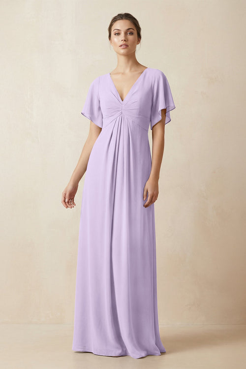 Short Sleeve V-Neck Chiffon A-Line Bridesmaid Dress in Lavender - KissProm BRIDESMAID DRESSES