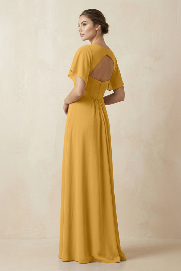 Short Sleeve V-Neck Chiffon A-Line Bridesmaid Dress in Marigold - KissProm BRIDESMAID DRESSES