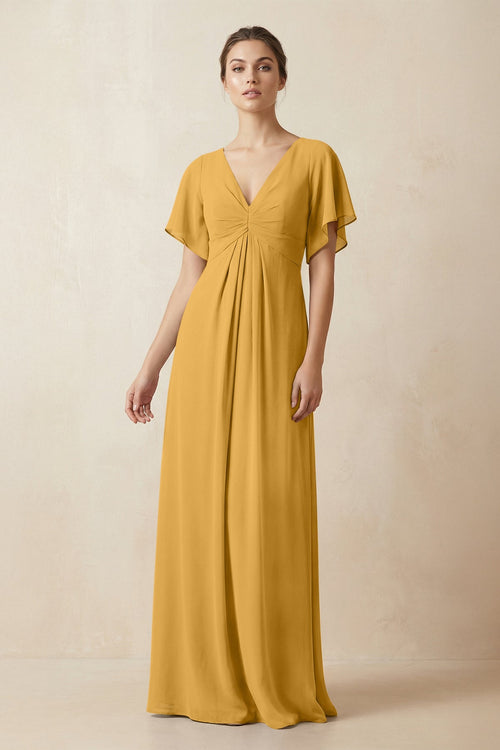 Short Sleeve V-Neck Chiffon A-Line Bridesmaid Dress in Marigold - KissProm BRIDESMAID DRESSES