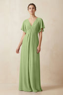 Short Sleeve V-Neck Chiffon A-Line Bridesmaid Dress in Matcha - KissProm BRIDESMAID DRESSES